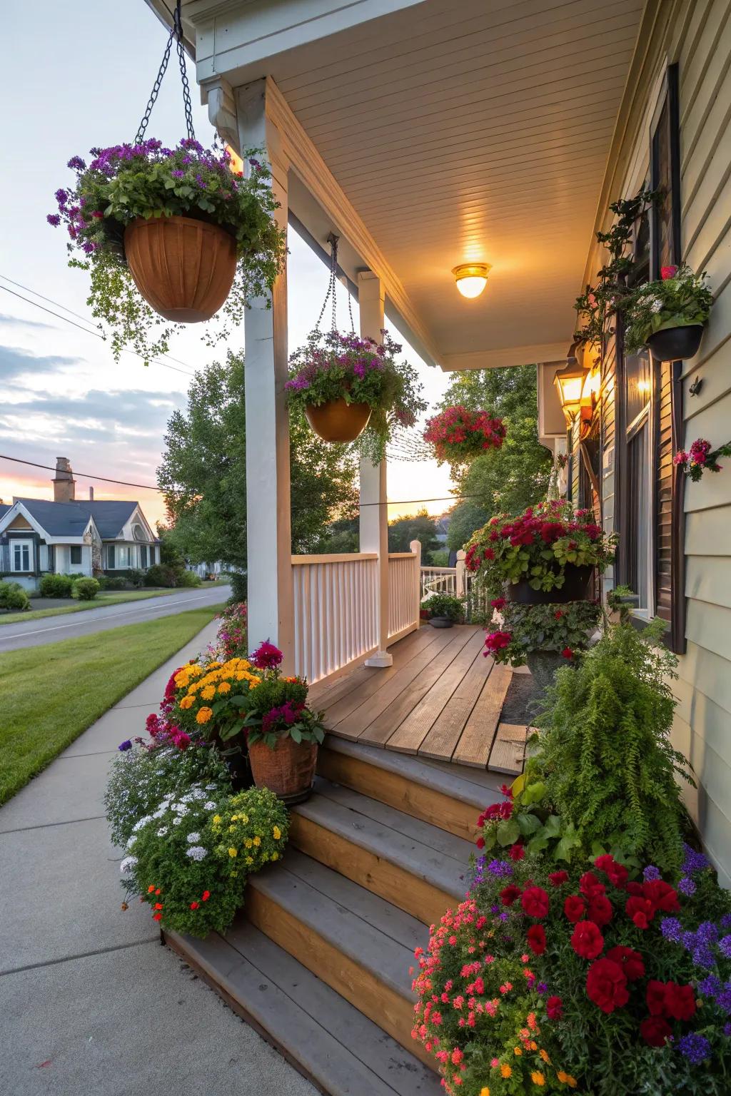 A lush porch featuring upright gardens and hanging flowers.