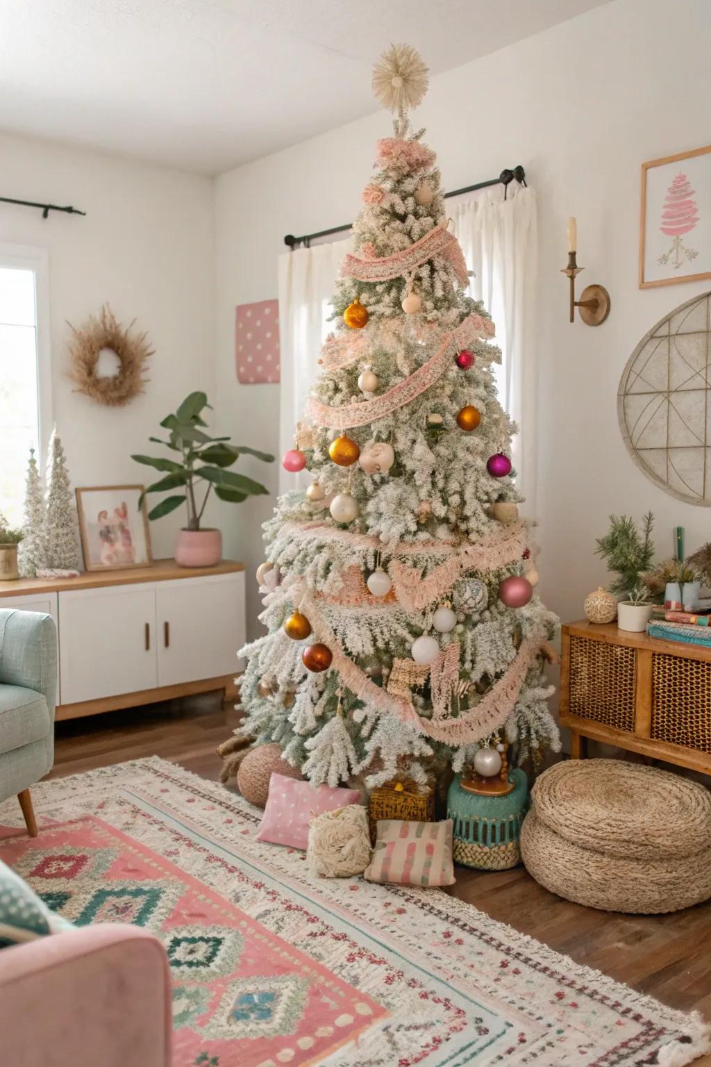 A bohemian Christmas tree featuring macramé decorations and pastel tones.