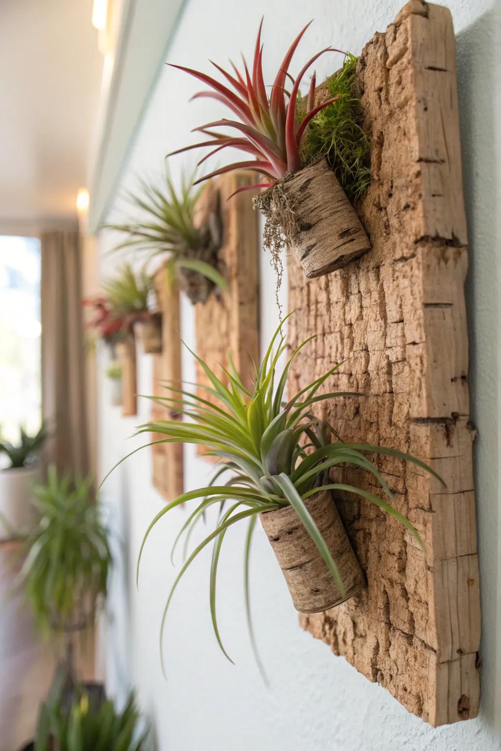 Rustic cork bark adorned with air plants, adding a tactile dimension to the wall.