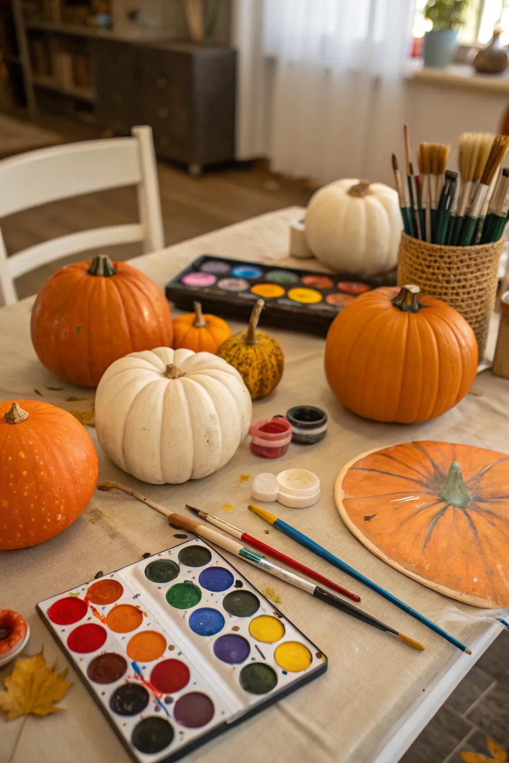 A table arranged for an art-focused pumpkin coloring session.