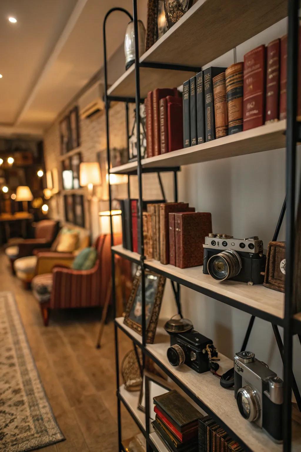 Racks displaying vintage items in a colonial-inspired setting.