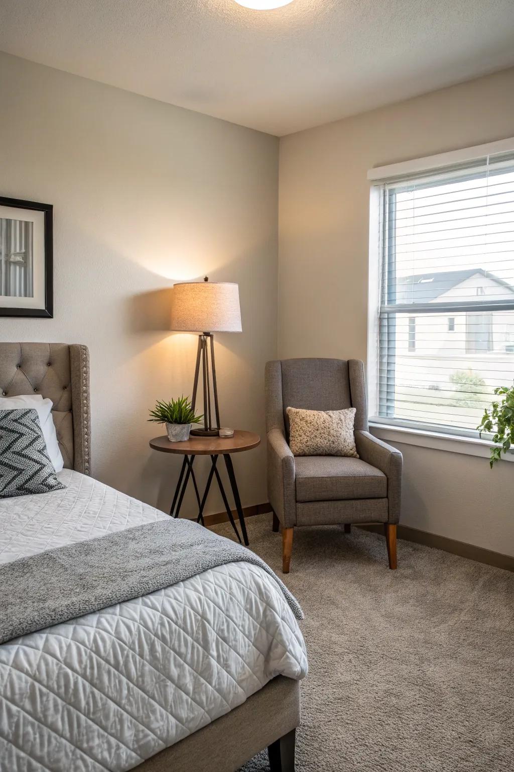 This apartment bedroom features charming decorative pieces, such as a distinctive chair and side table.