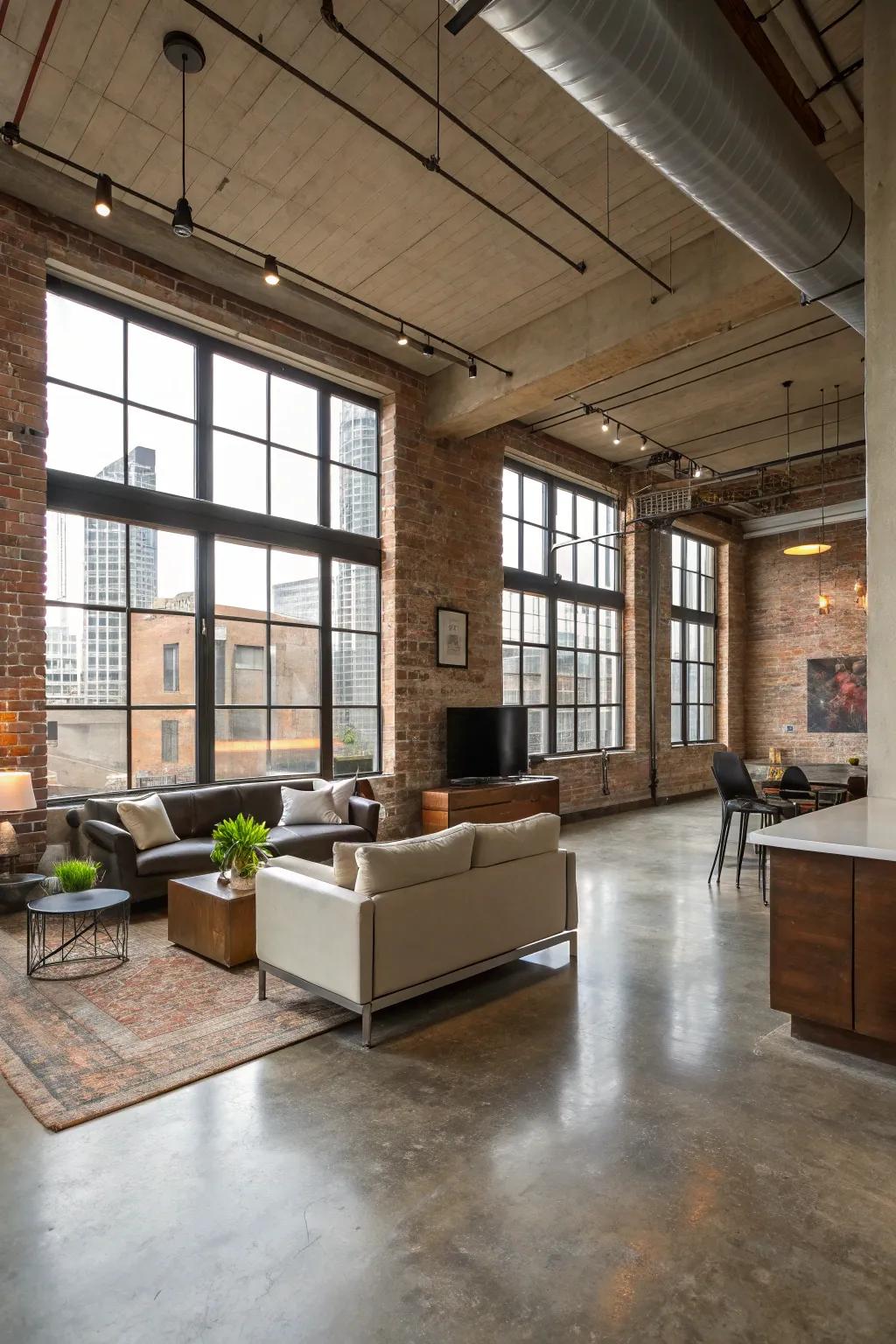 Modern apartments get an industrial edge with stained concrete floors.