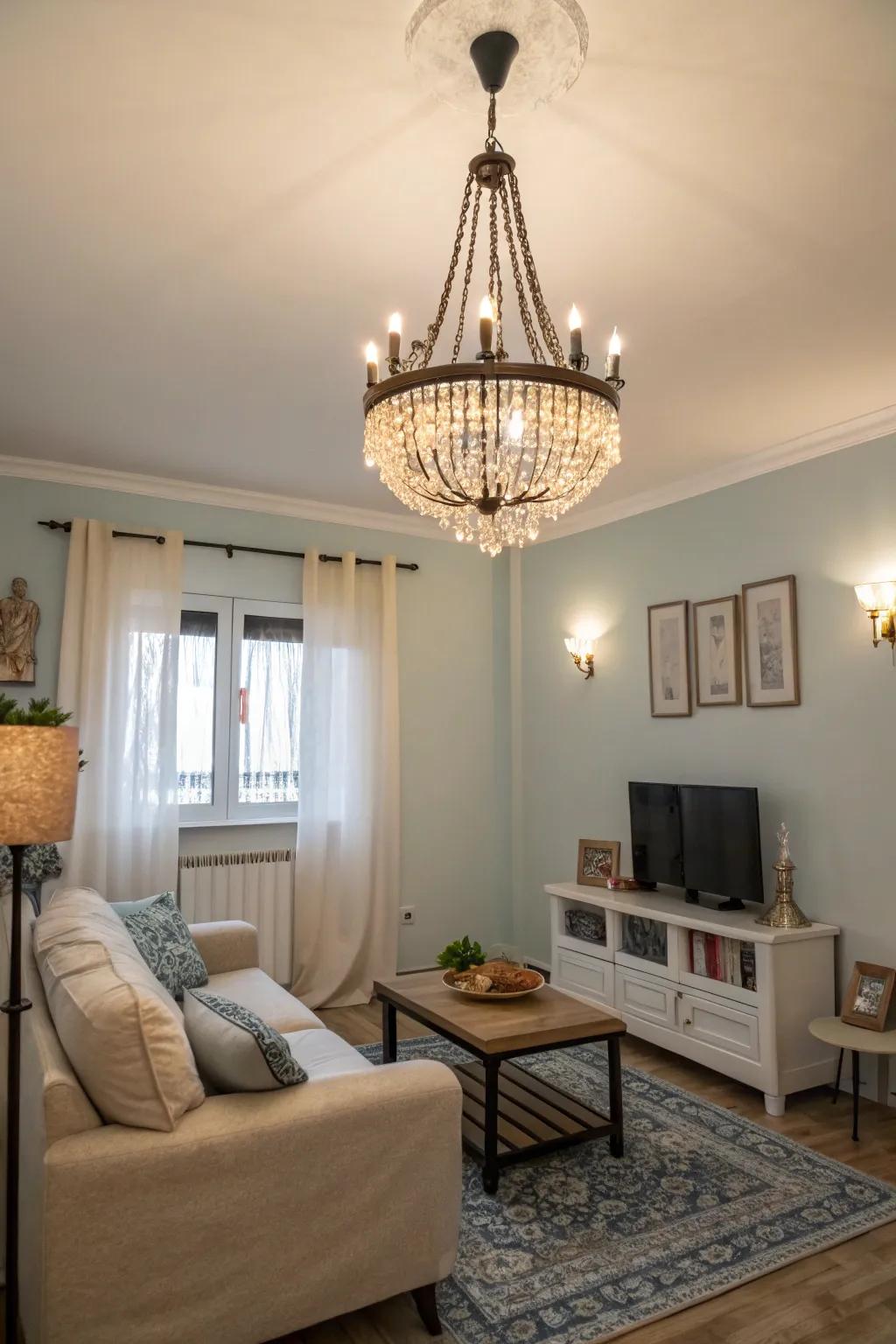 Statement lighting elevates the atmosphere of a small living space.