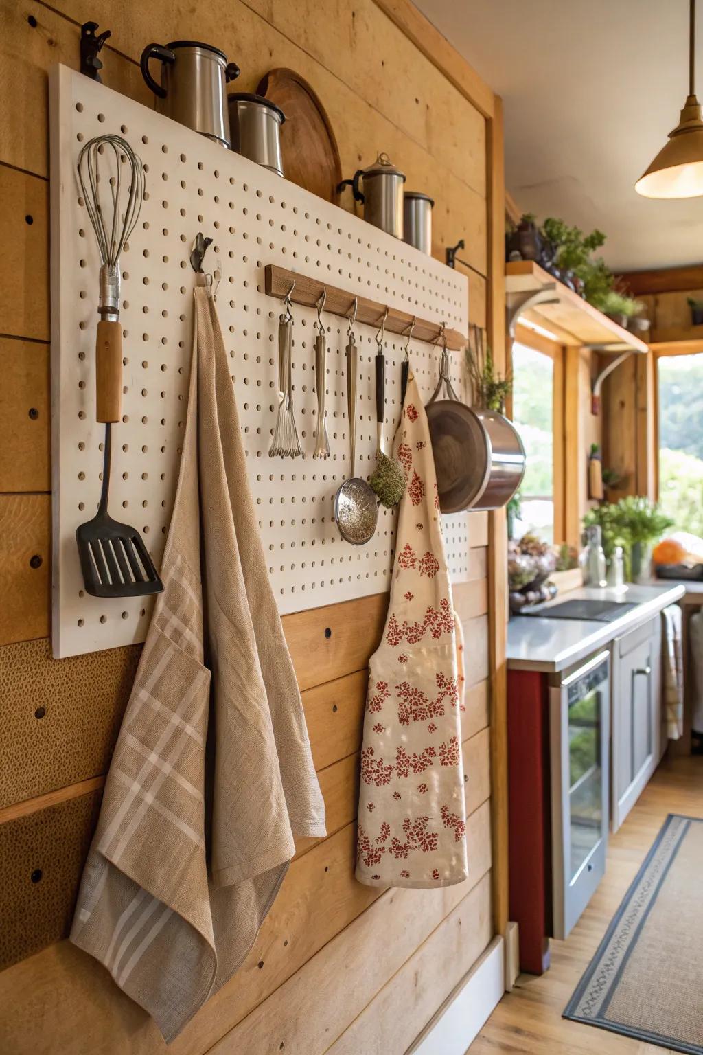 A pegboard delivers both flair and utility for apron exhibits.
