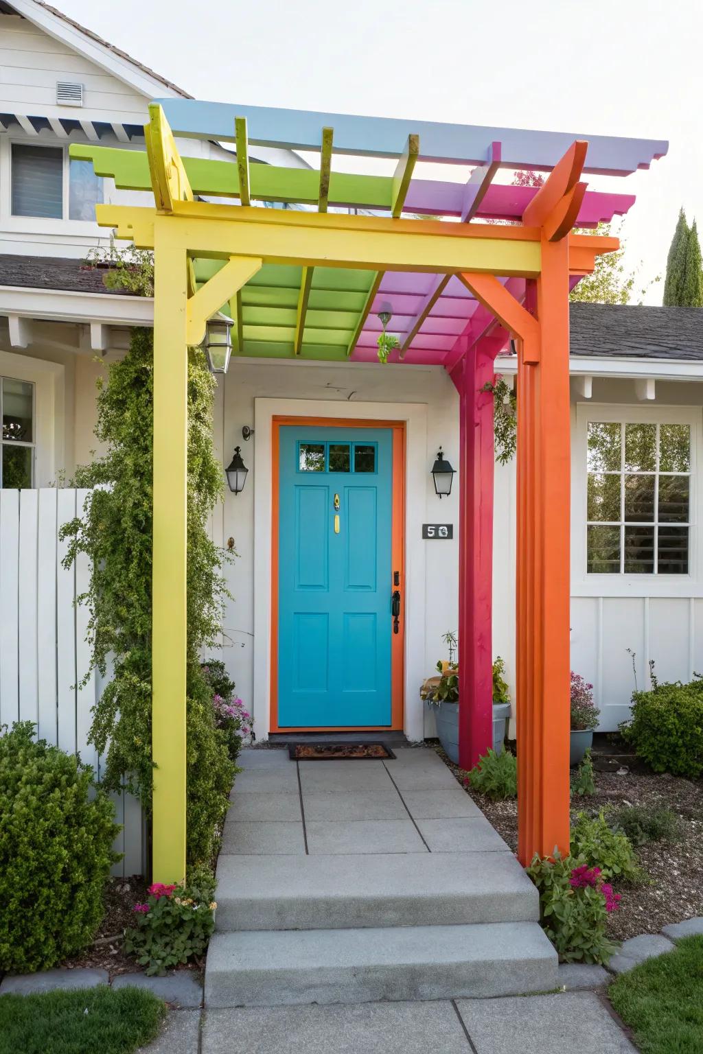 A brightly colored arbor gives a vibrant and contemporary doorway.