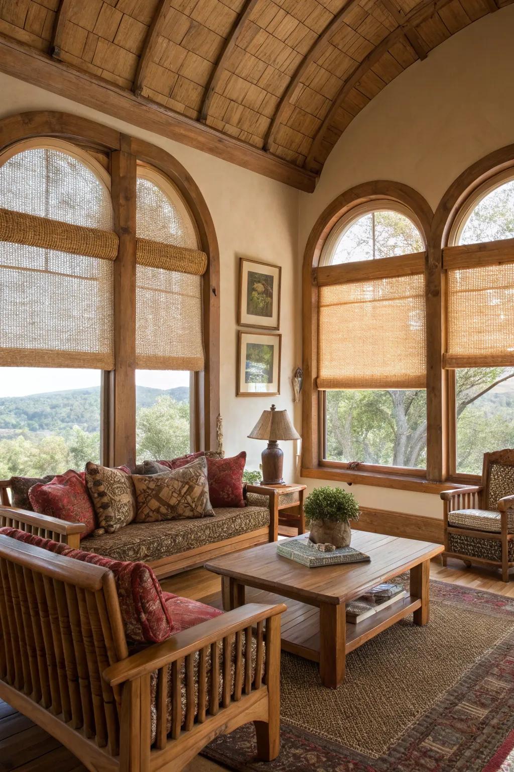 A countryside sitting room featuring organic weaves on arched windows.