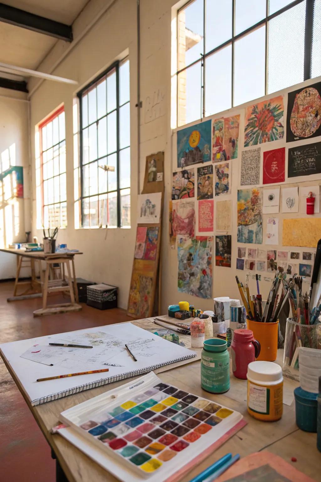 A assorted medium creation piece adds a personal and varied touch to this creative studio.