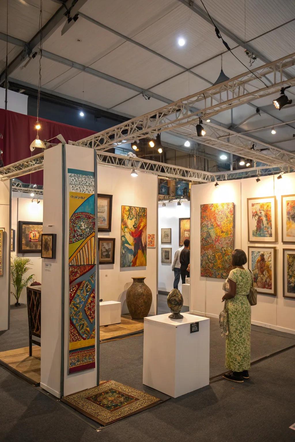 A balanced mix of hanging and independent artworks.