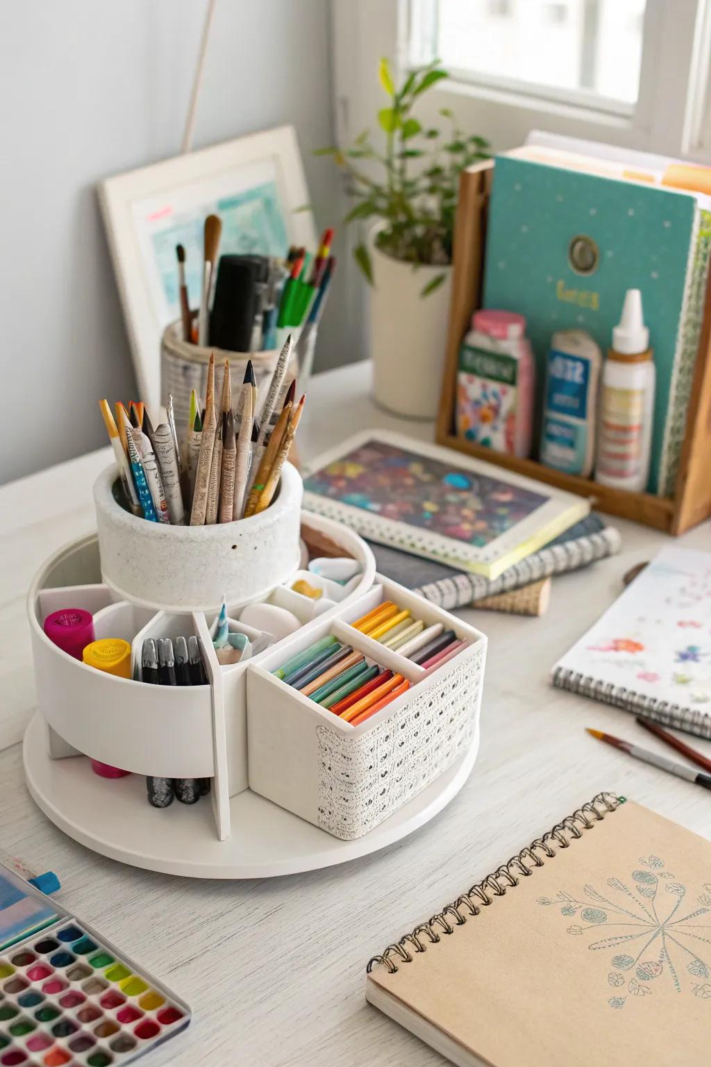 Spinning caddies offer easy access to your art materials.