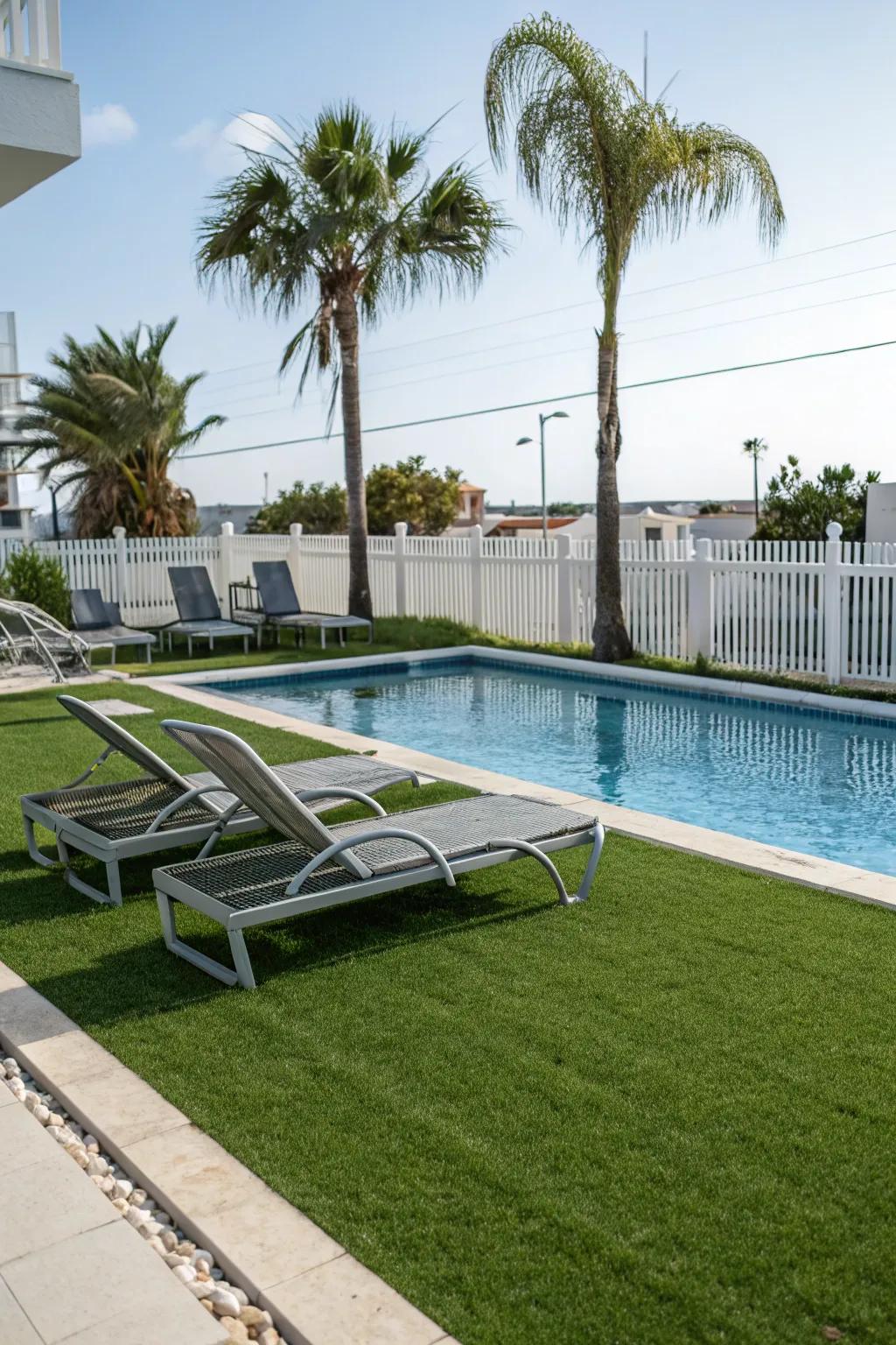 A pristine poolside area with vibrant imitation turf.