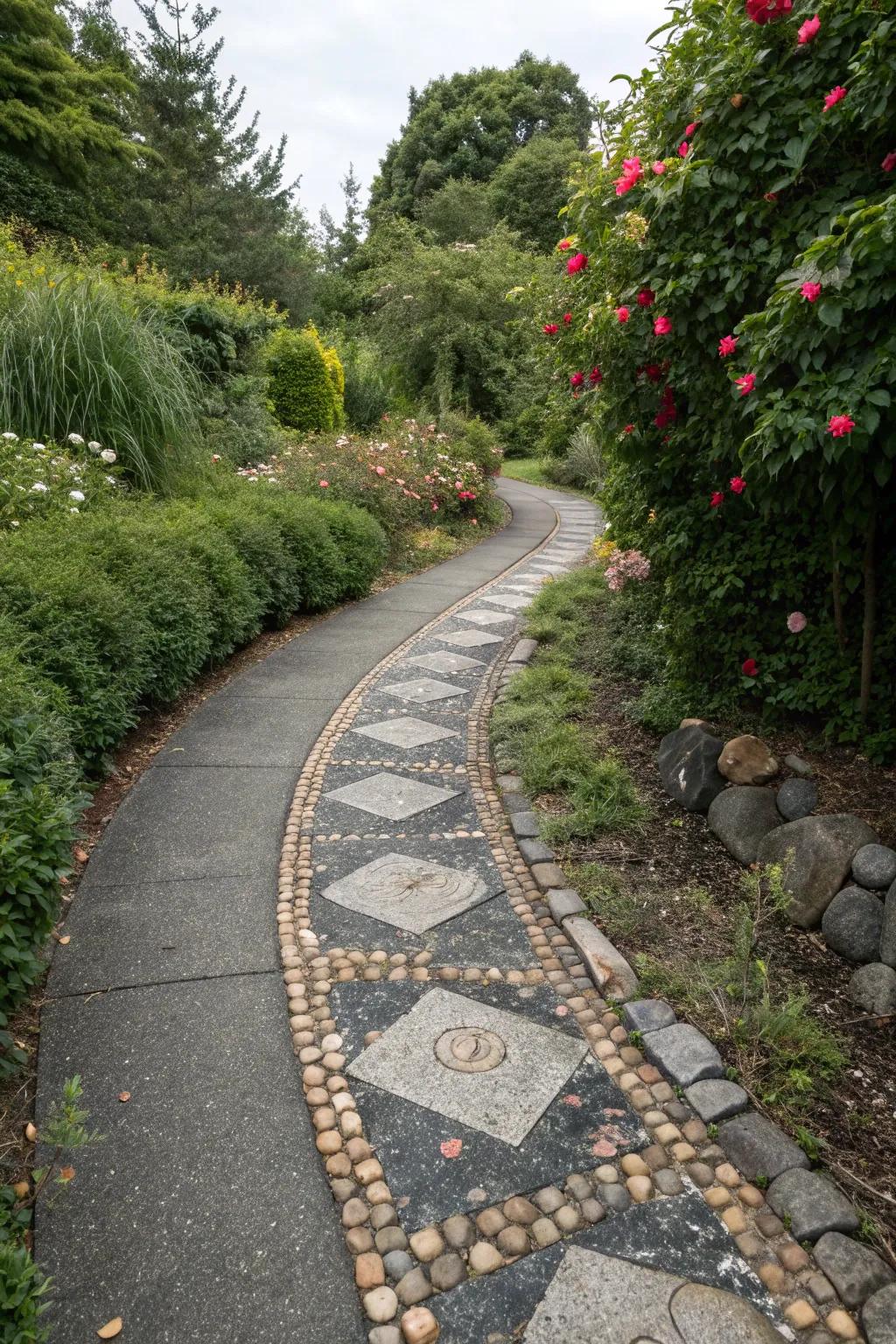 Embedded stone embellishments introduce a rustic allure to paved surfaces.