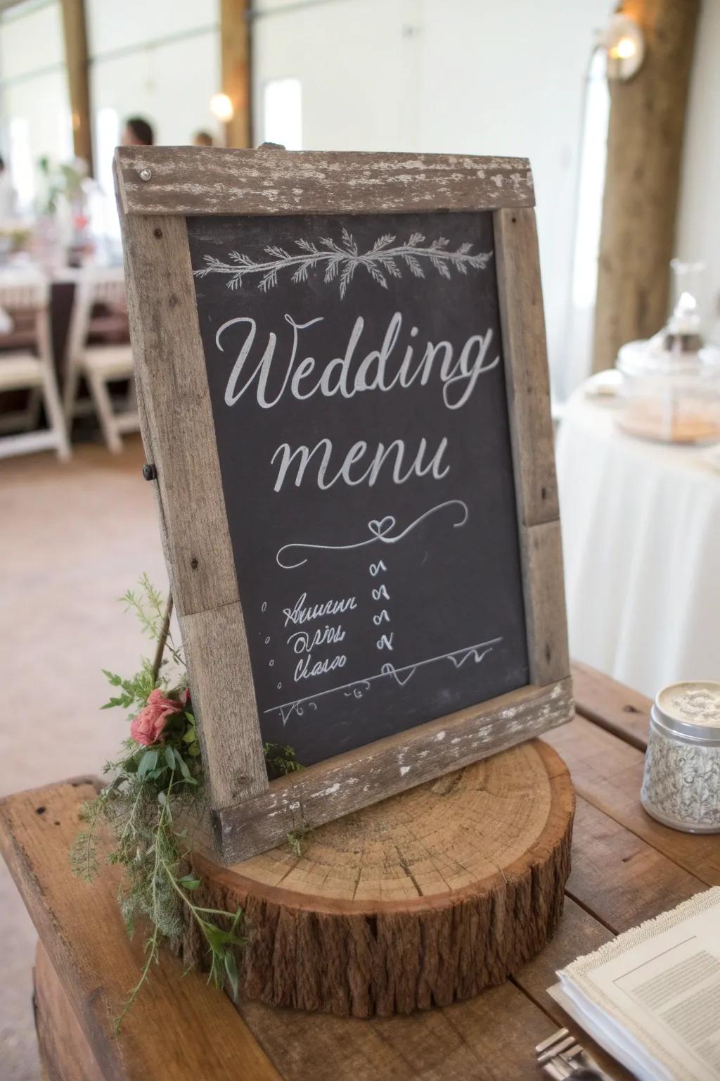 Chalkboards introduce an adaptable and quaint element to wedding events.