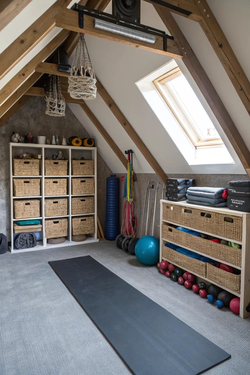 Creative utilization of attic angles for fashionable storage.