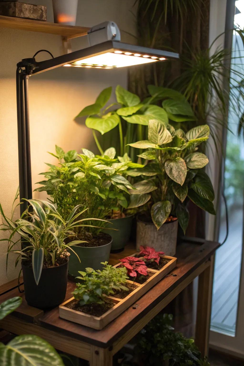 A cozy corner plant recess enlivened by a targeted plant light.
