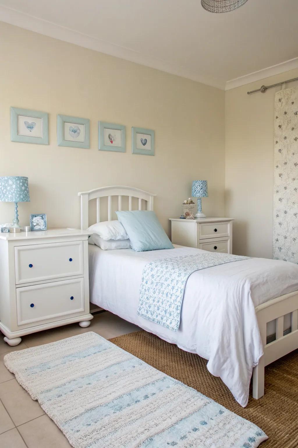 Modern simple design meets peace in a light sky blue-themed bedroom.