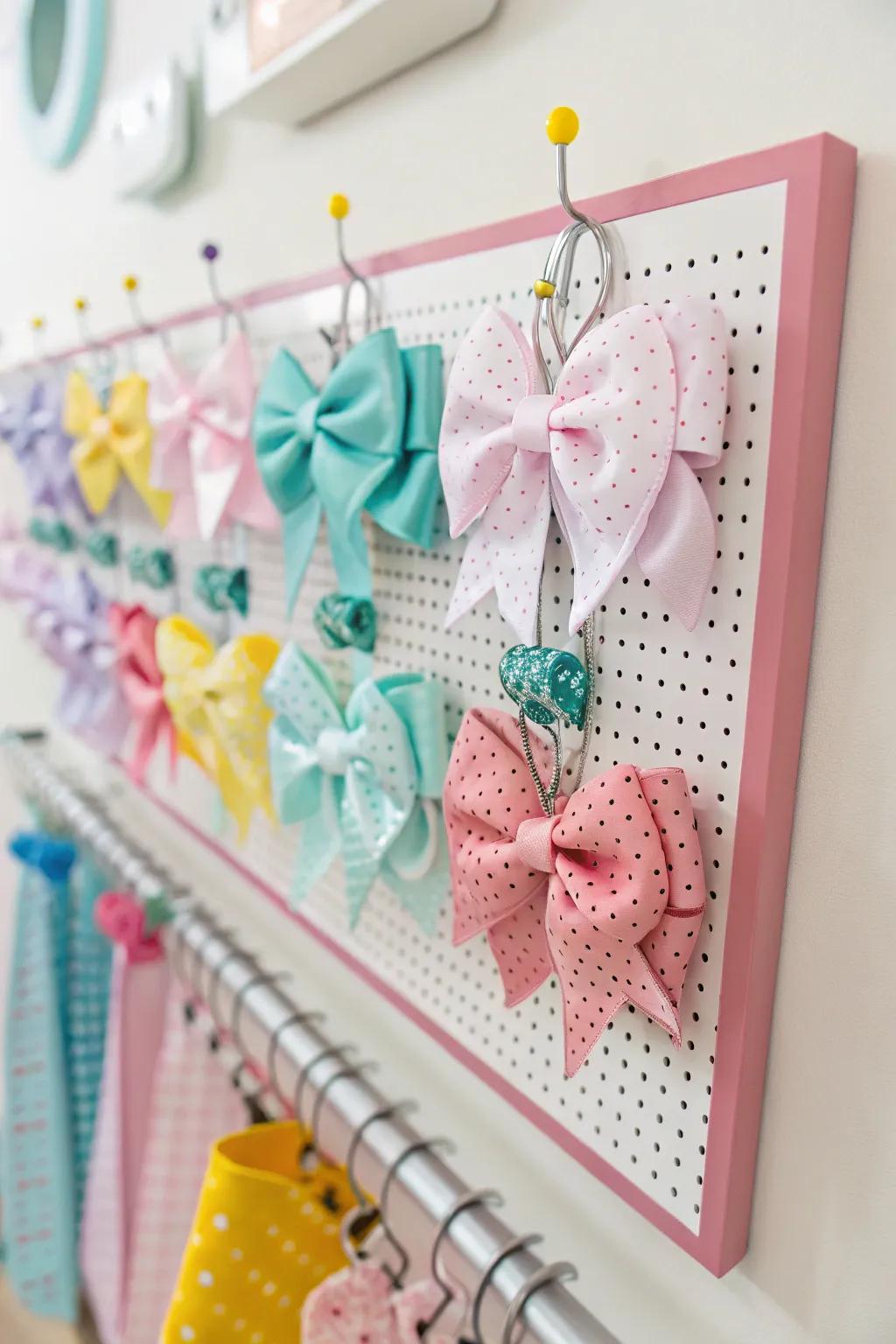 A playful and useful pegboard for storing baby bows.