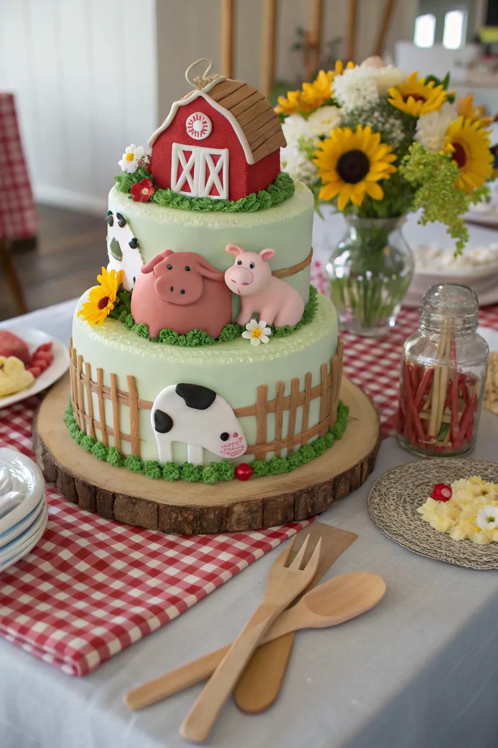 A farmyard-themed cake featuring charming animal decorations.