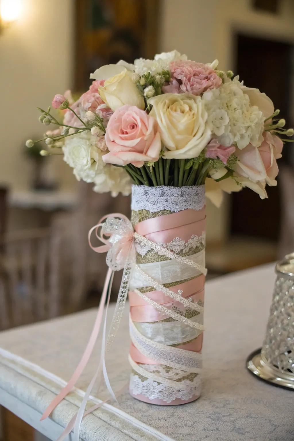 Elegant centerpiece featuring layered ribbons and lace.
