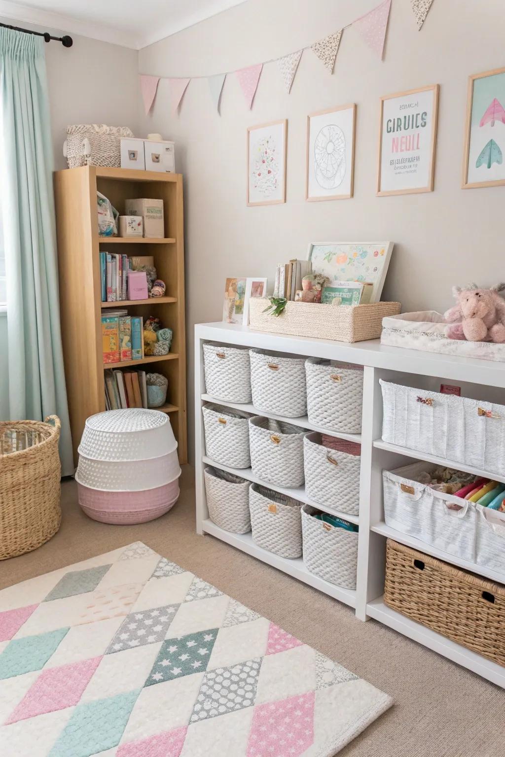 Woven containers and shelves add function and elegance to storage space.