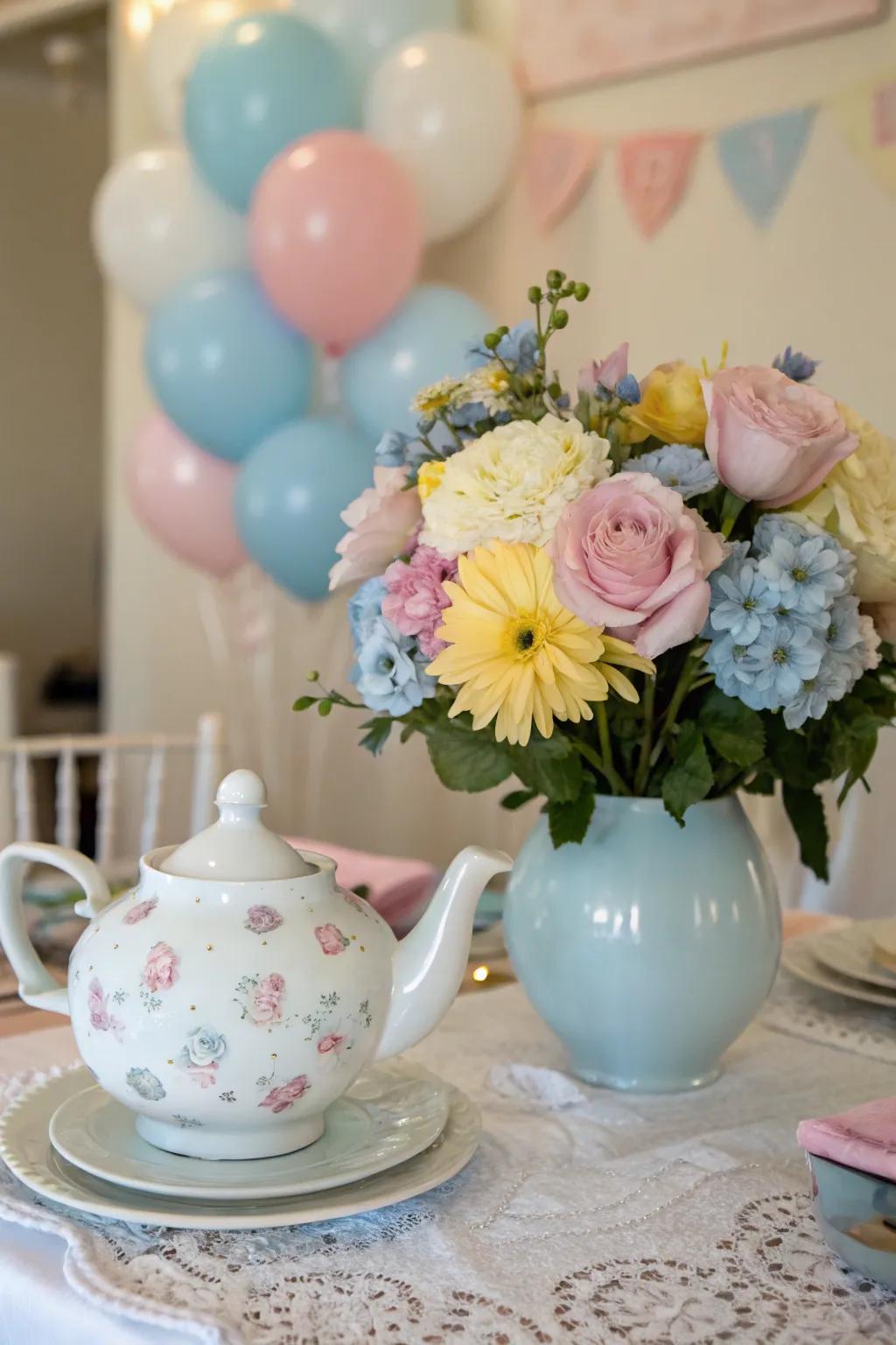 A whimsical heritage teapot centerpiece