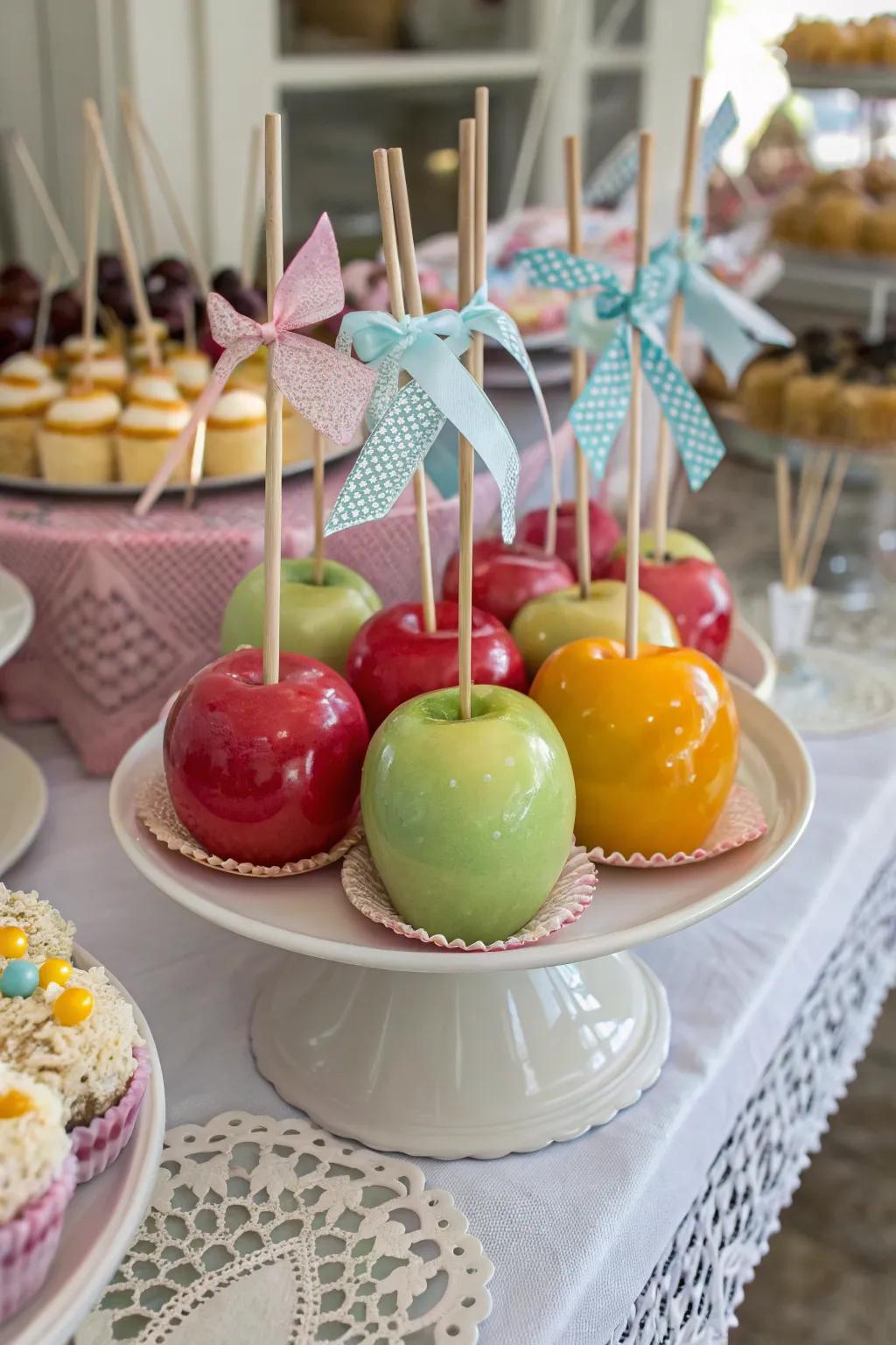 Candy apples covered in pastel colors with decorative details.