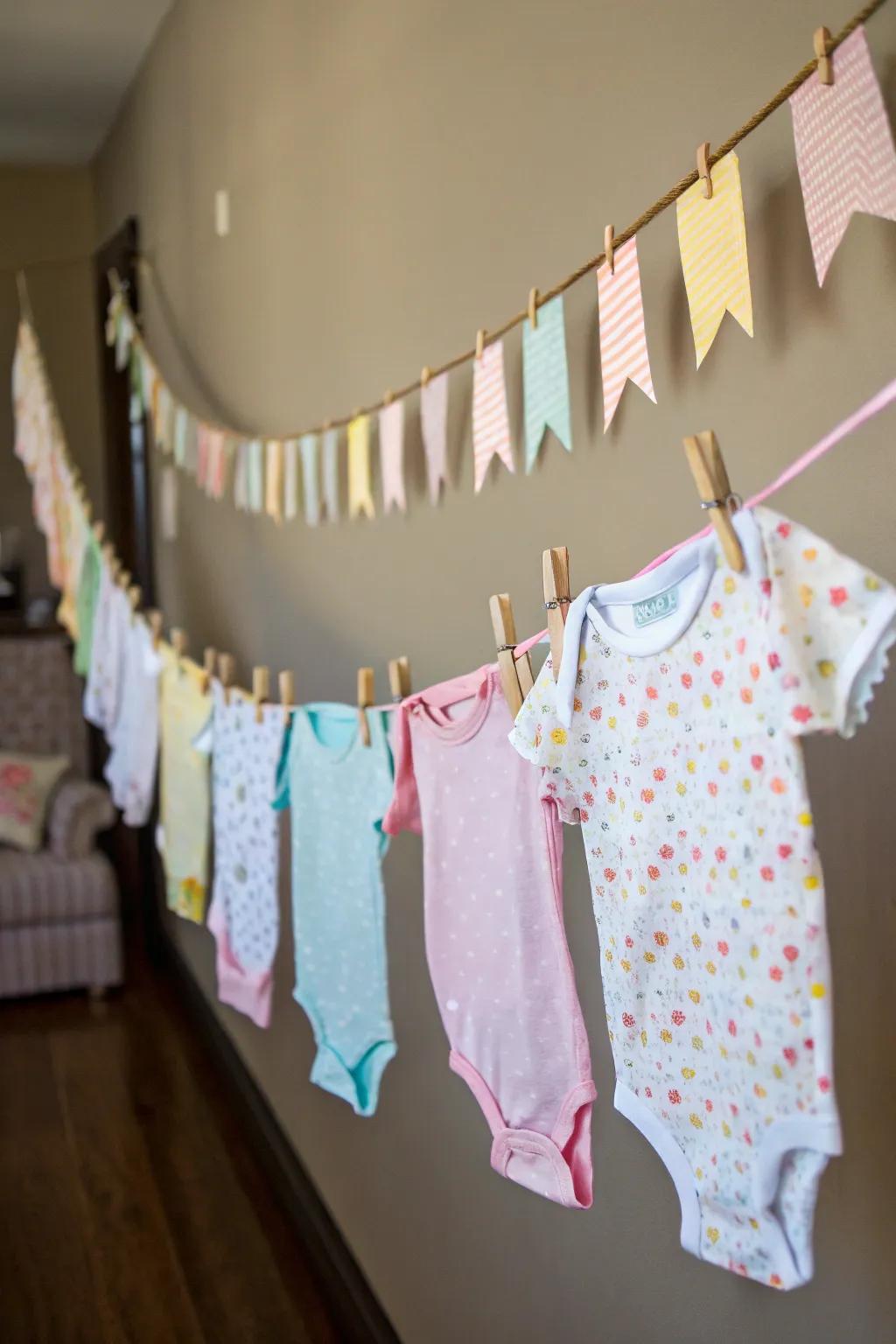 A creative onesie banner, ideal as both a thoughtful gift and nursery decoration.