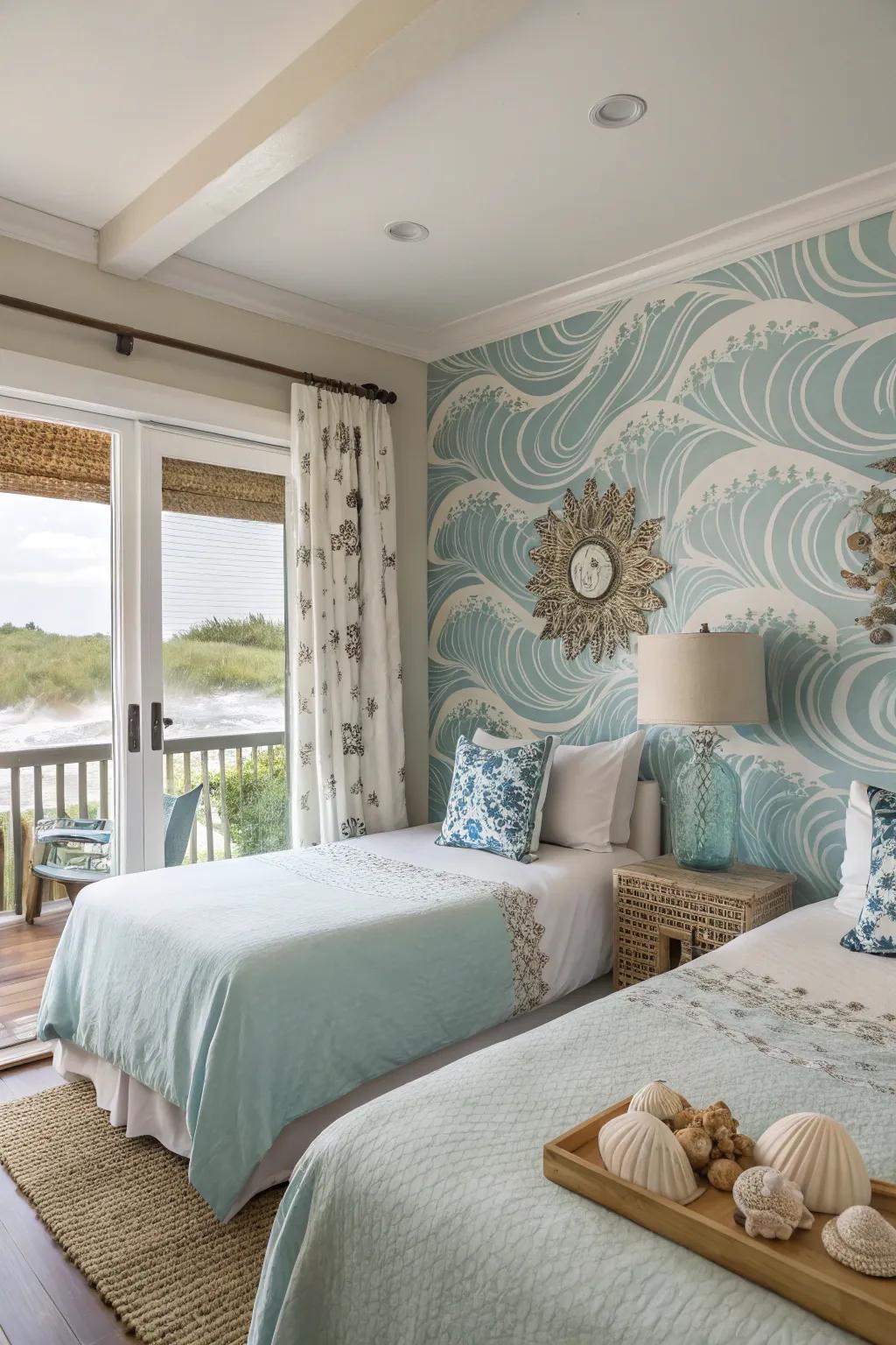 A visitor room featuring a wave-patterned wall, establishing a seaside retreat vibe.