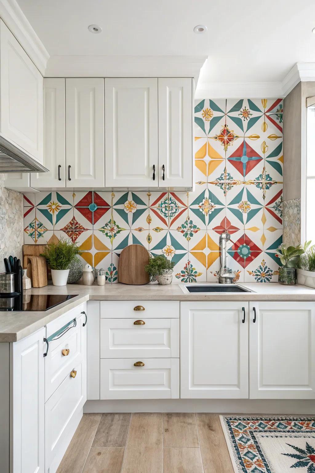 Shape-based tiles inject a contemporary dimension into this refined white kitchen.