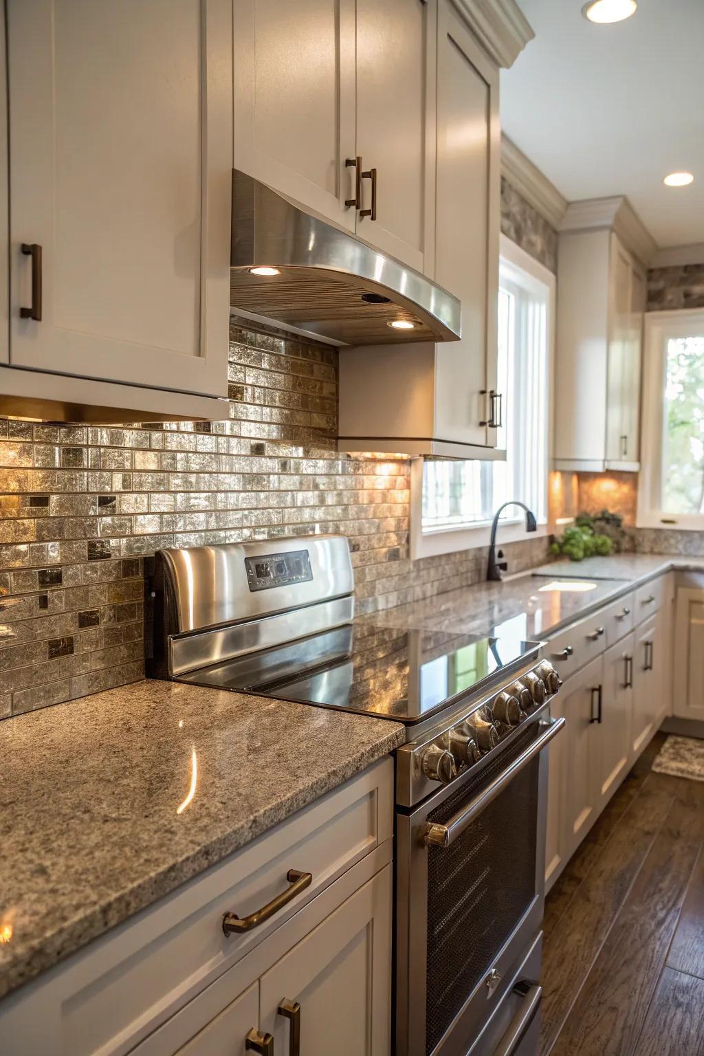 Reflective tiles add a touch of luxury to fantasy brown granite.