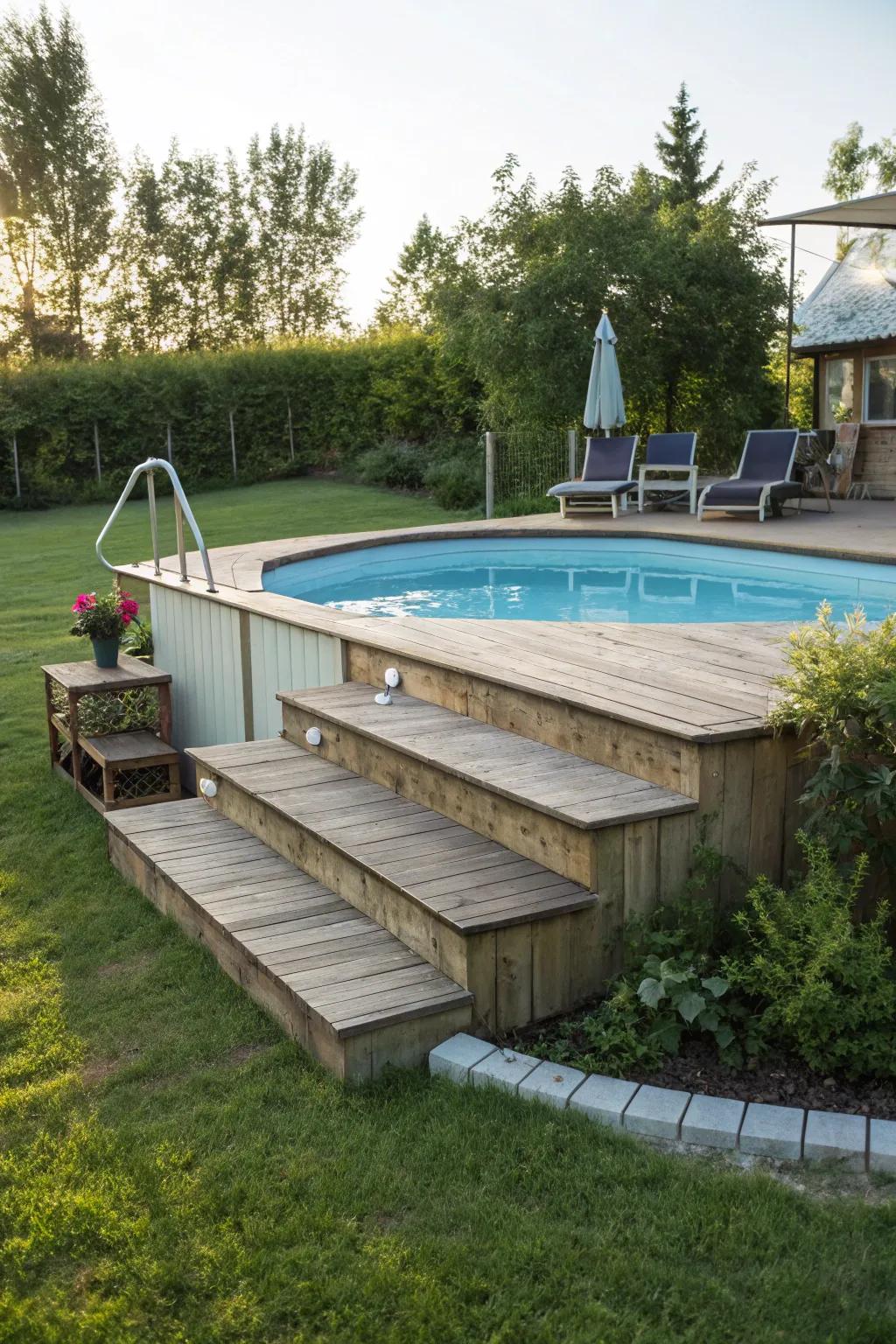 Broad steps present effortless entry and introduce elegance to pool access.