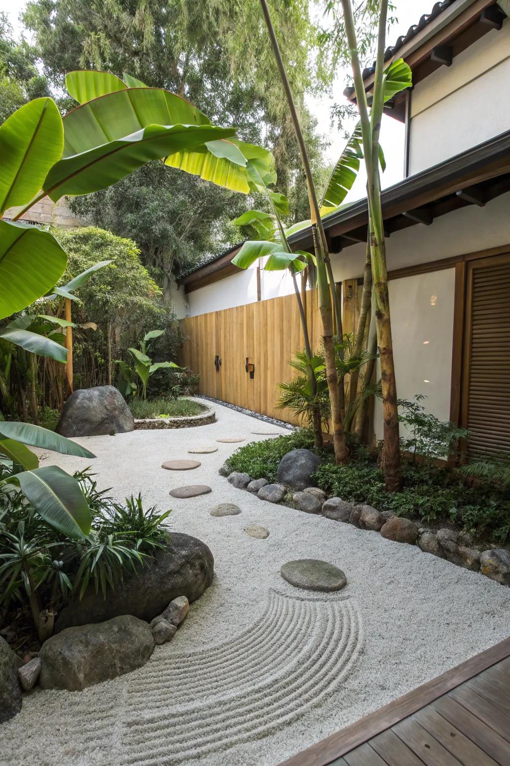 Create a tranquil Zen garden with the tropical touch of tropical fruit trees.
