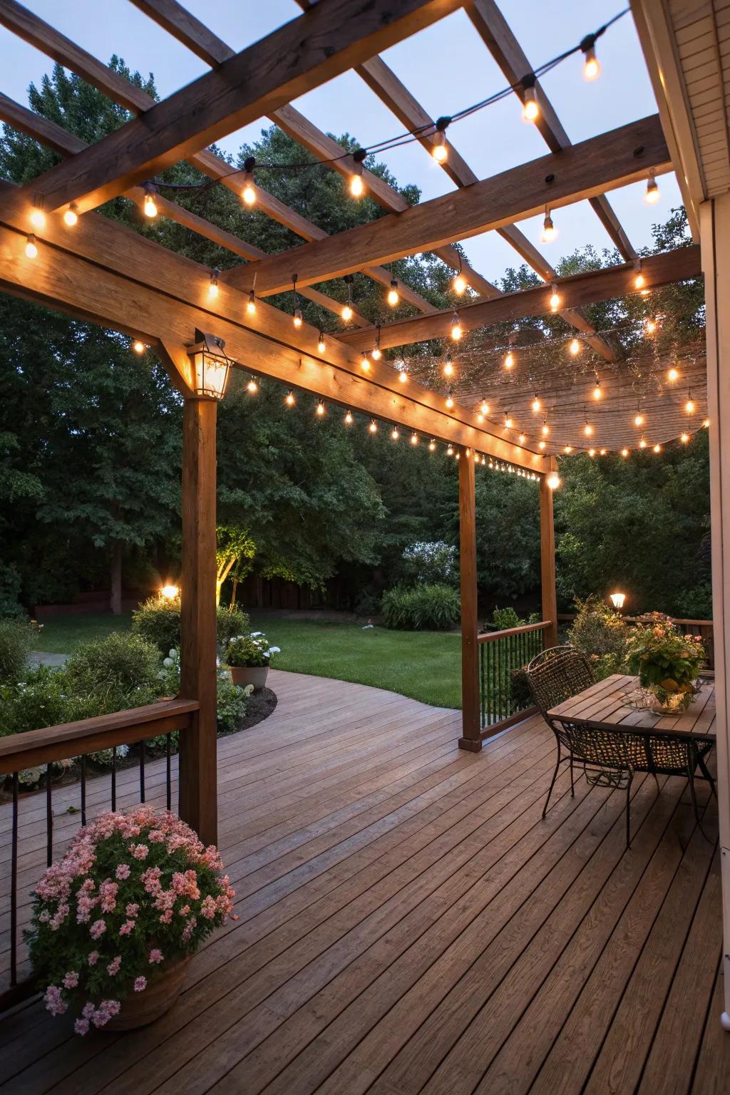 Decorative lights add a warm and inviting glow.