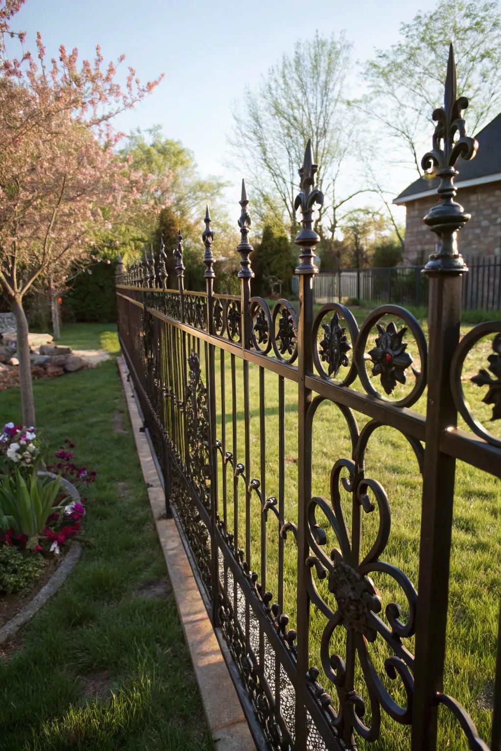 Ornamental ironwork enhances the backyard perimeter with artistic elegance.