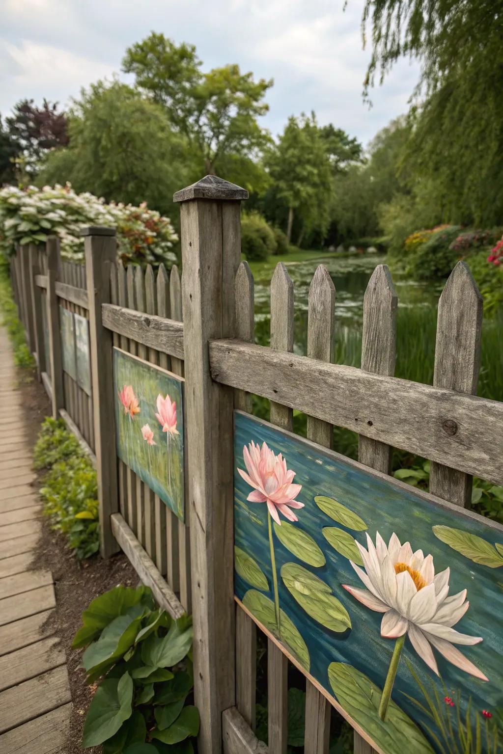Water lilies painted on a fence evoke a sense of calm and tranquility.