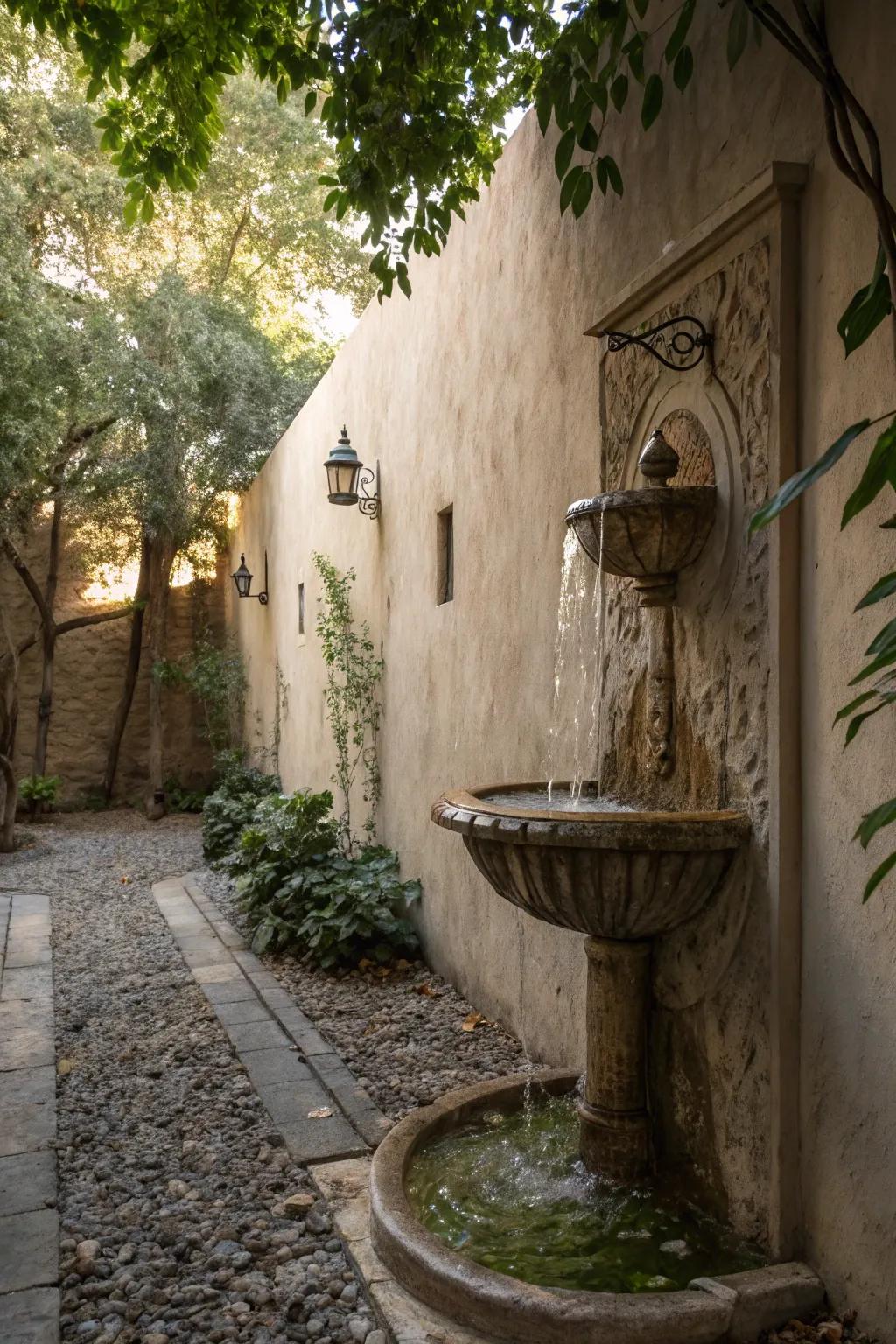 A wall-attached fountain adds elegance and practicality to compact spaces.