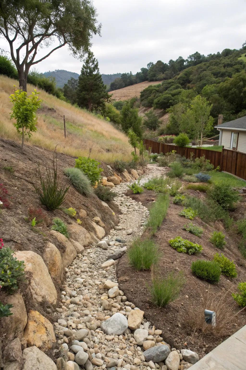 Non-hydrated stream beds offer a useful and beautiful resolution for drainage.
