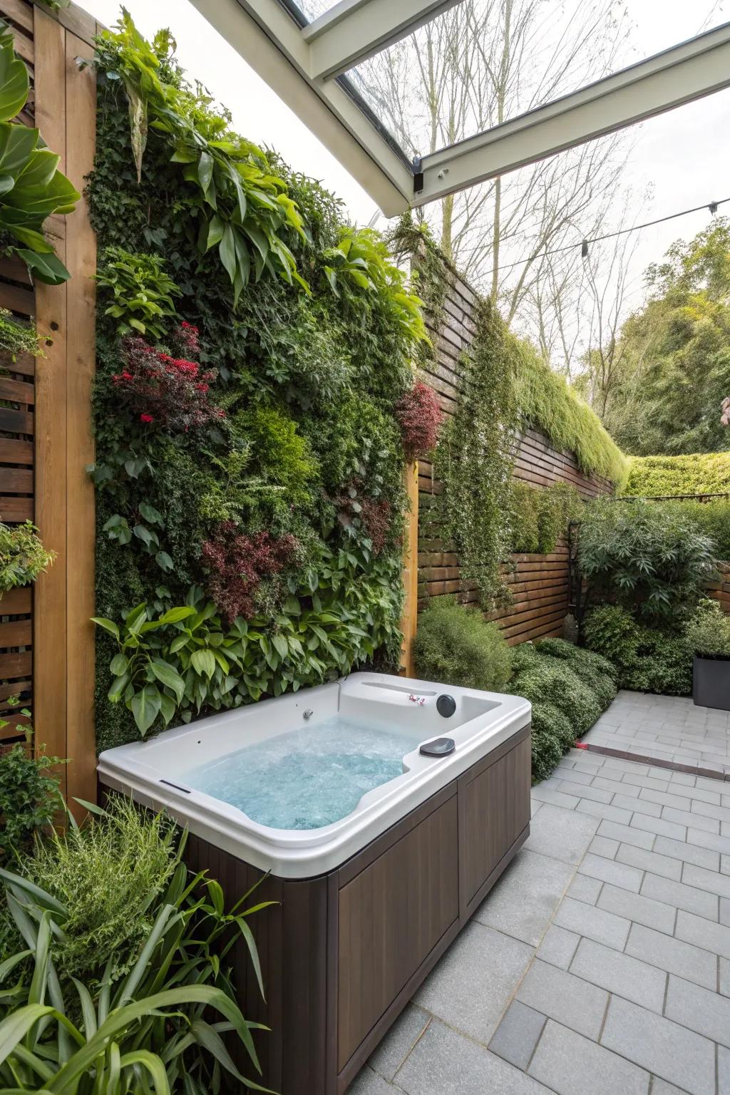A vertical garden offers a lush, green privacy solution for your spa area.