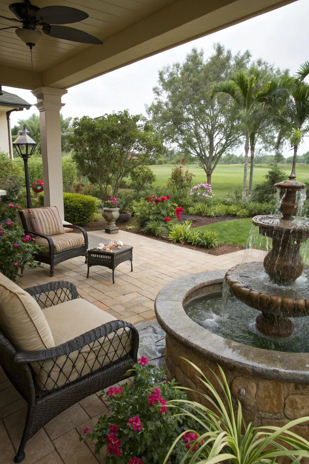 A serene water feature enhancing the tranquility of a veranda.