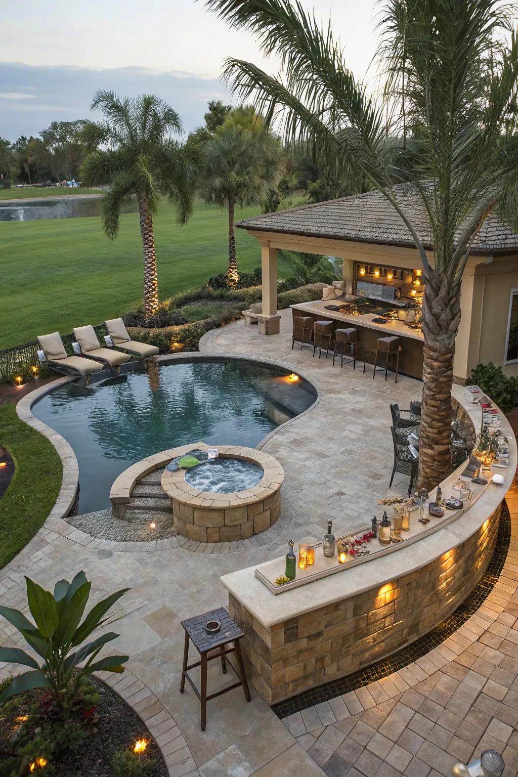 A luxurious lazy river pool with a spa tub for ultimate relaxation.