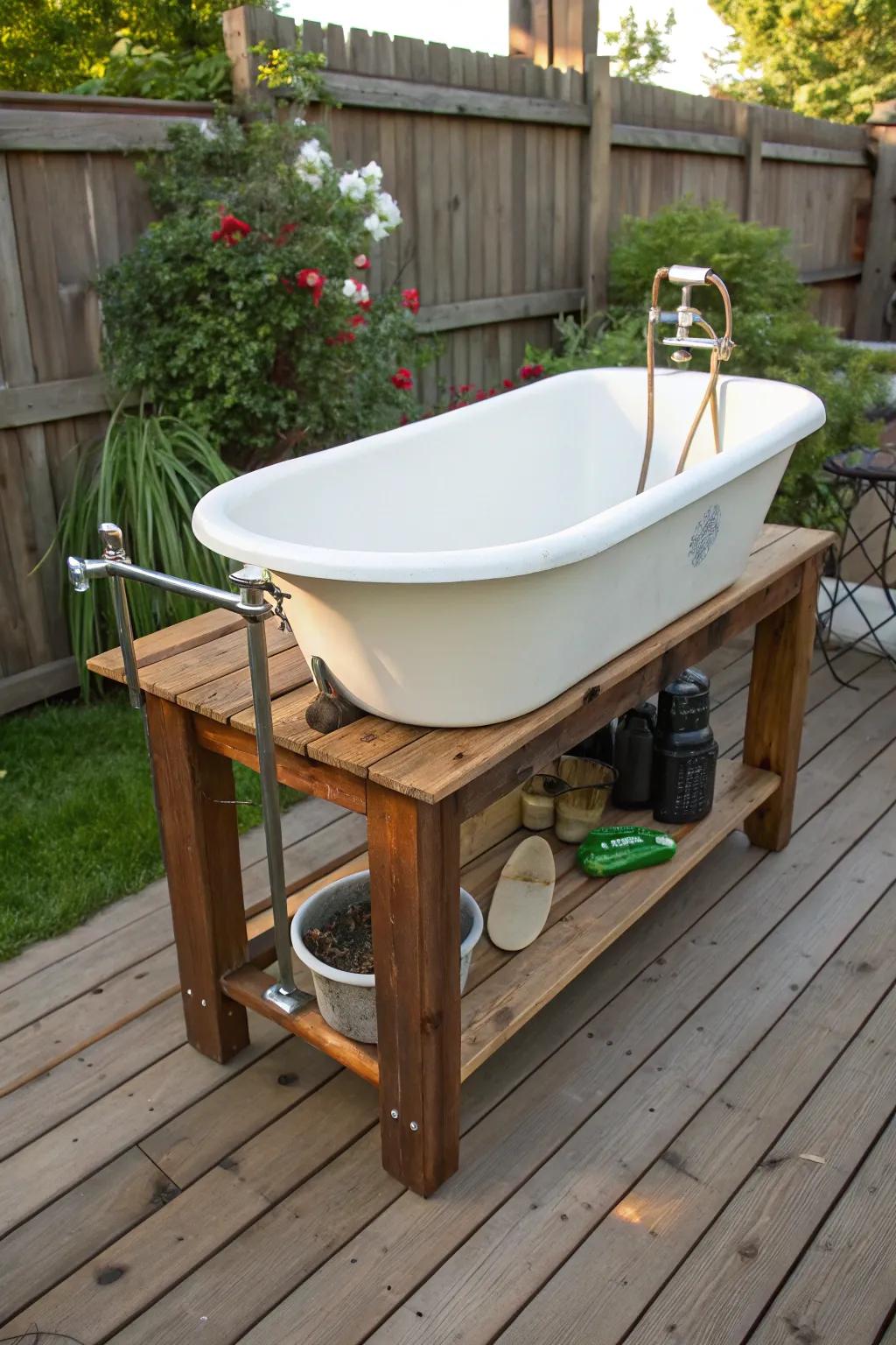 Elevate your dog washing game with this stylishly repurposed vintage bathtub station.