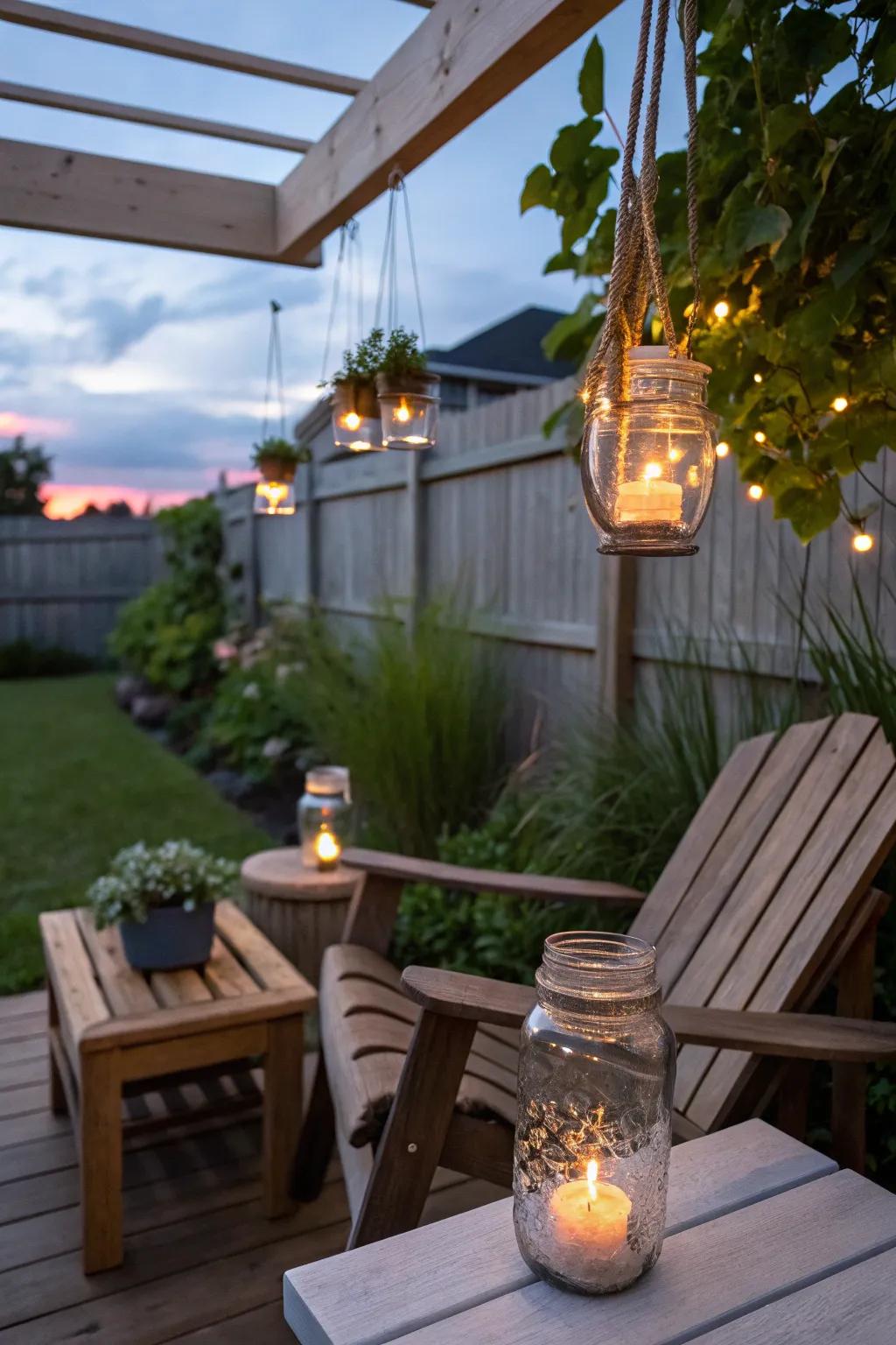 DIY canning jar lanterns emit a gentle, romantic glow.