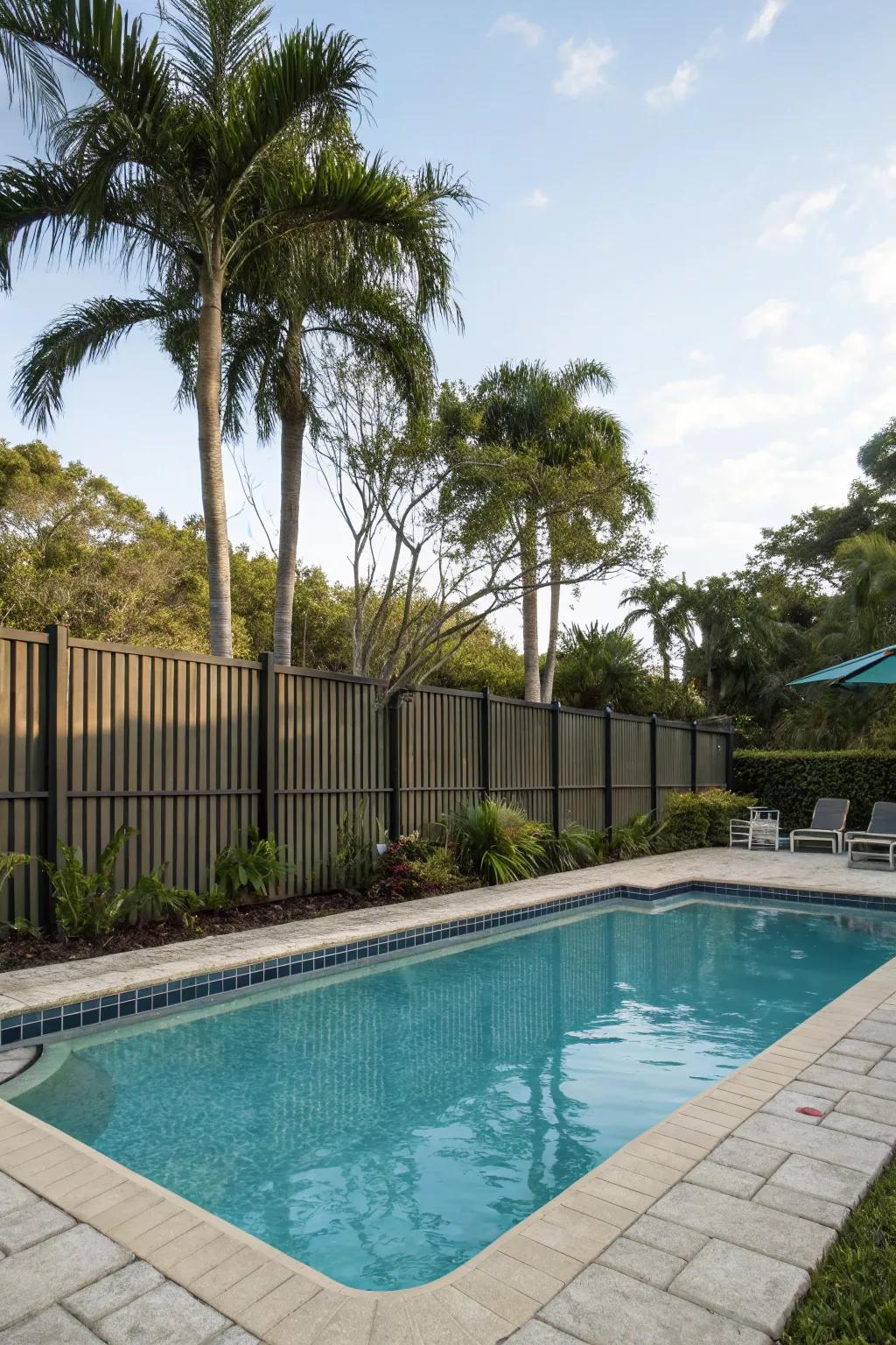A privacy fence complements the tropical theme while ensuring seclusion.