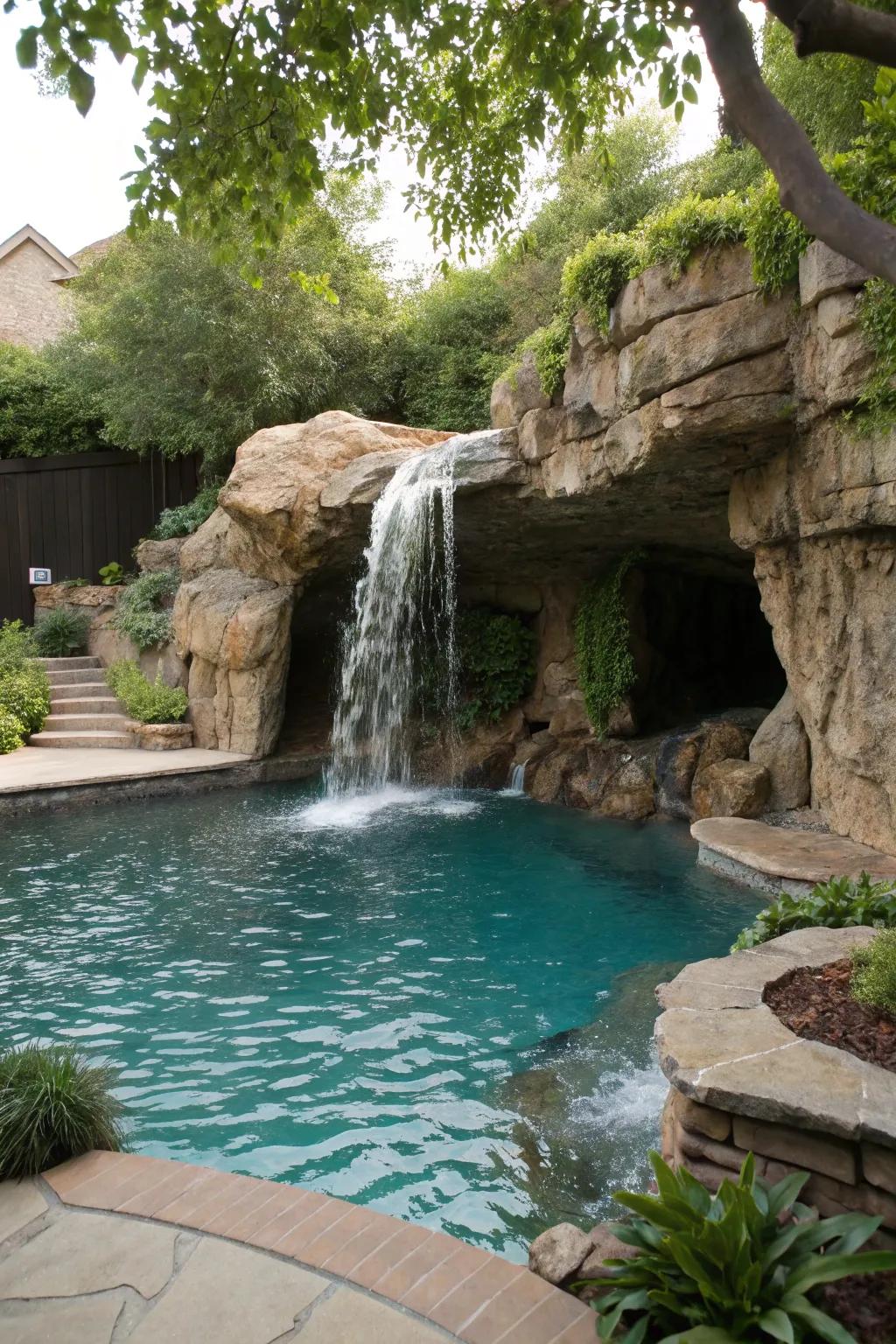 A hidden cave waterfall adds mystery and charm to your pool.