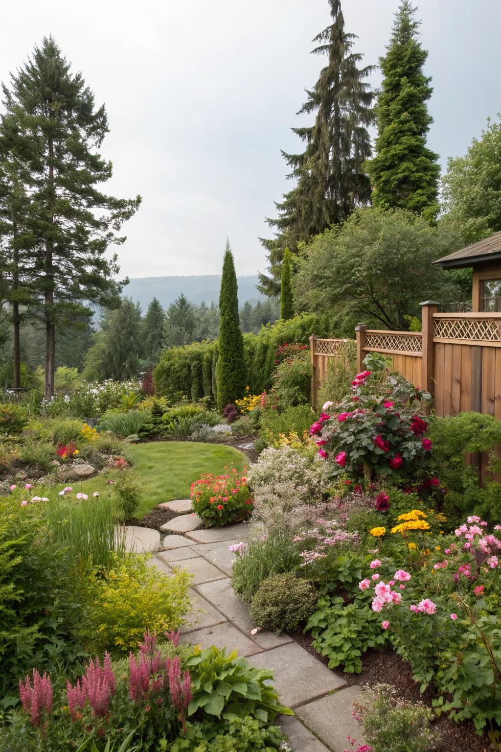 Blended plantings deliver a diverse and secluded landscape.