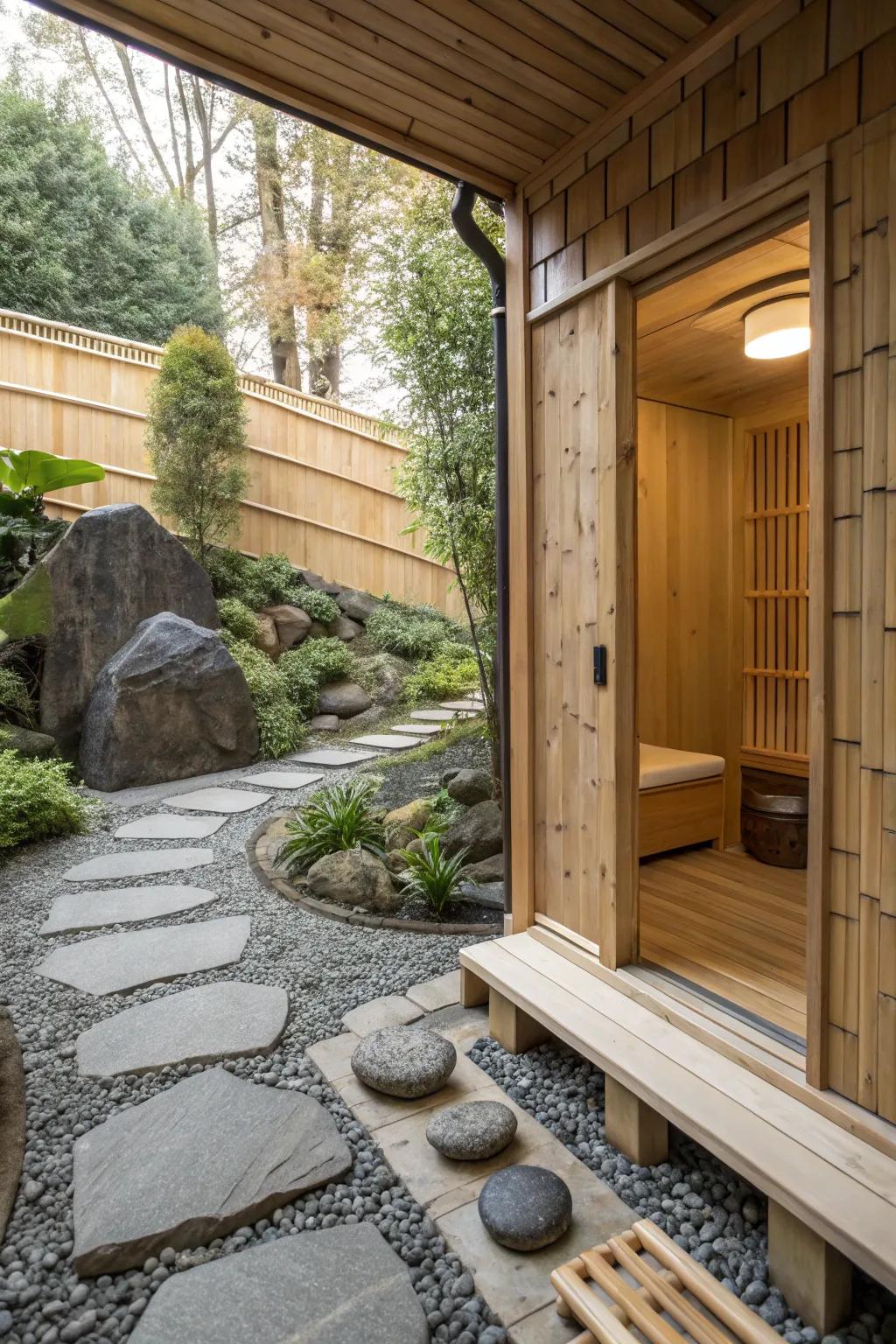 A Zen garden sauna designed for ultimate peace.