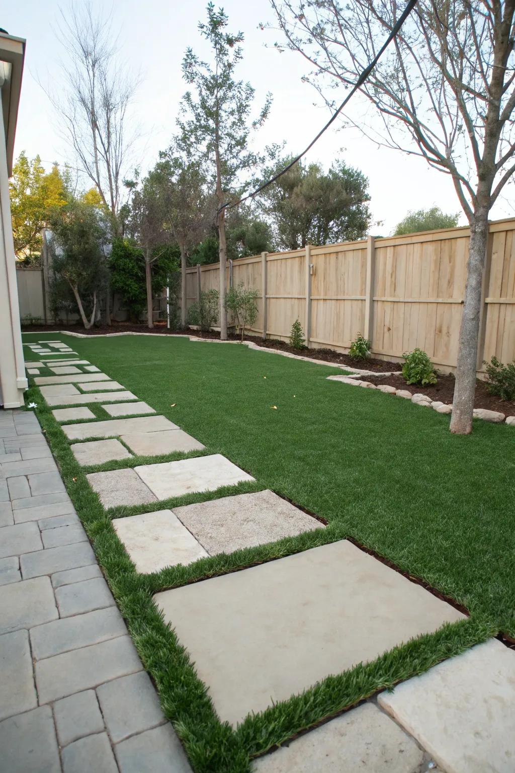 Contemporary pavers with lush turf separating them.