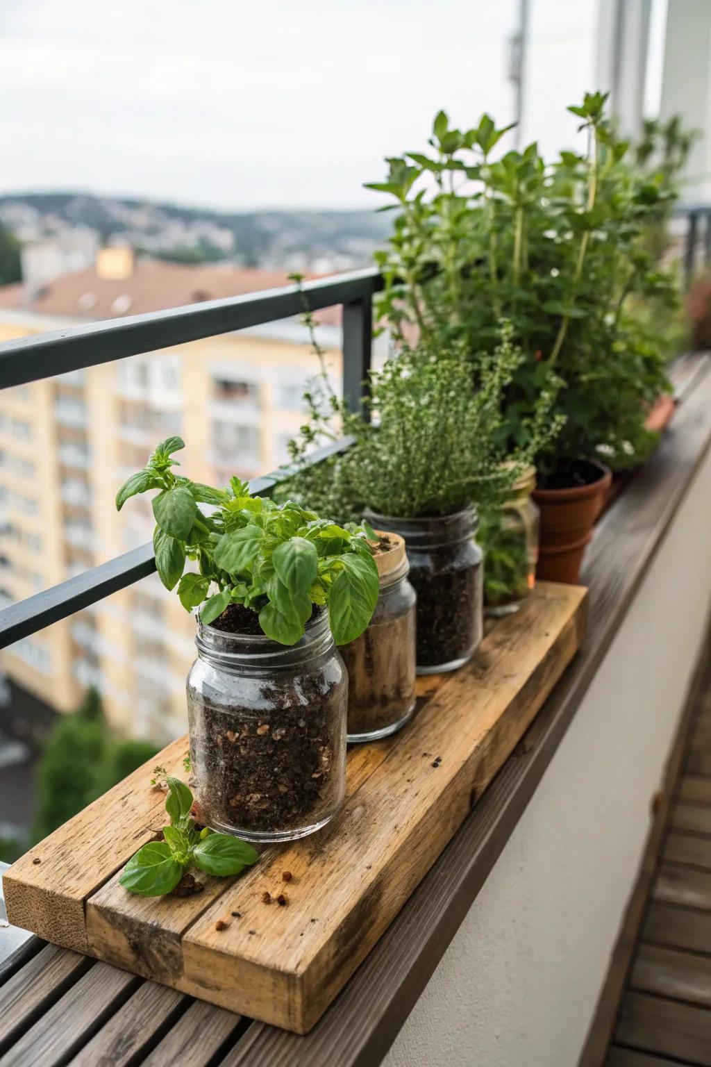 Glass jars are ideal for a fashionable and space-efficient herb garden.