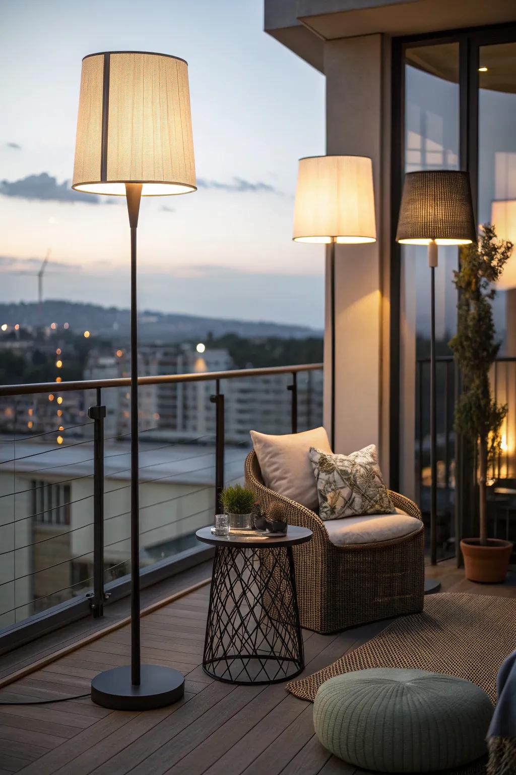 Floor lamps offer useful and stylish lighting for balcony spaces.
