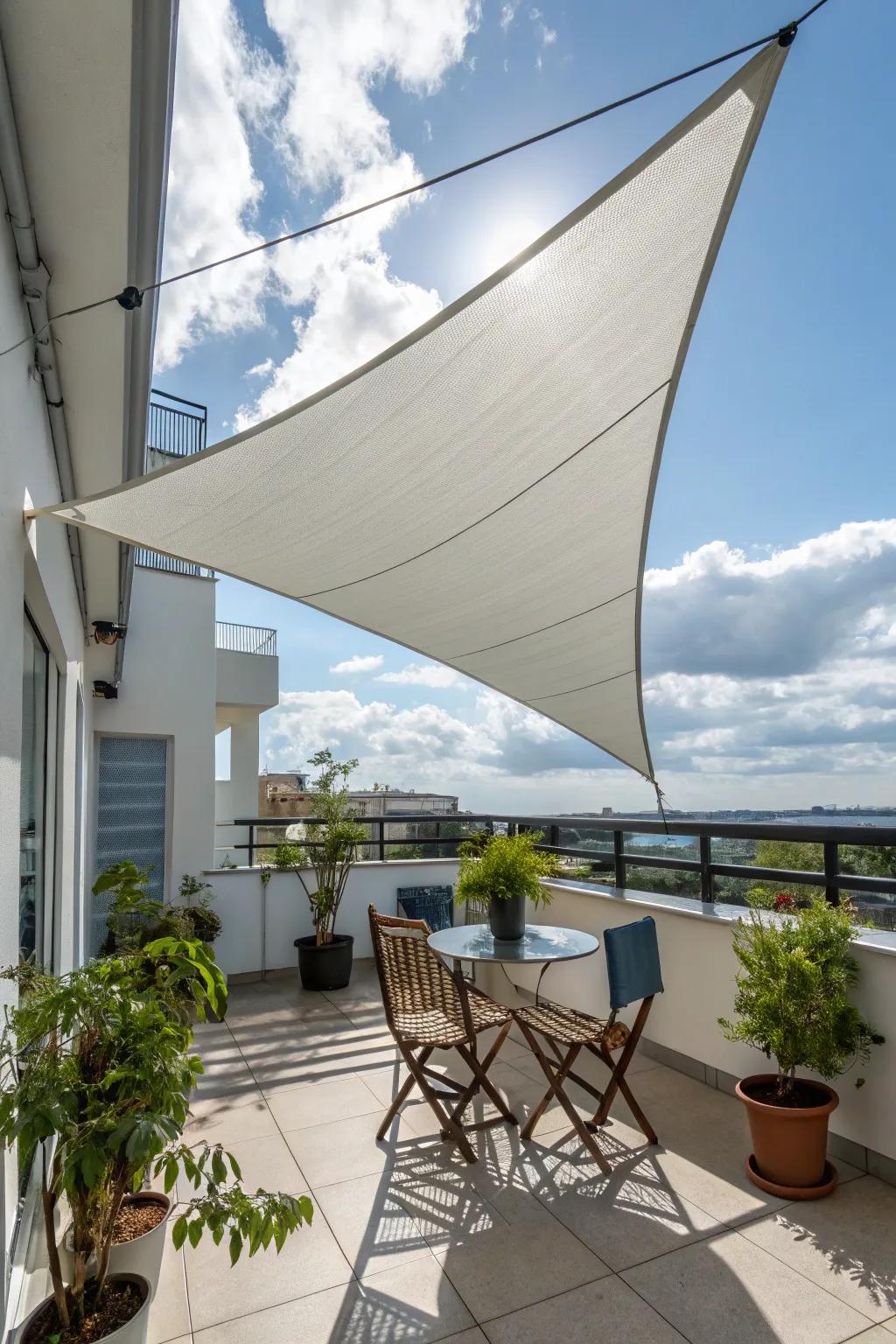 A modern sail shade dynamically shading a balcony.